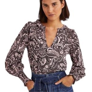 Boden Notch Neck Smocked Pink & Black Paisley Frill Top - 6